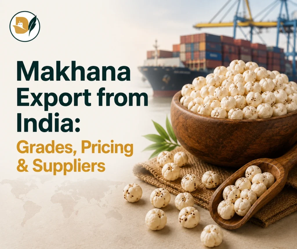 Makhana export from India featuring premium fox nuts, export packaging, and global shipping