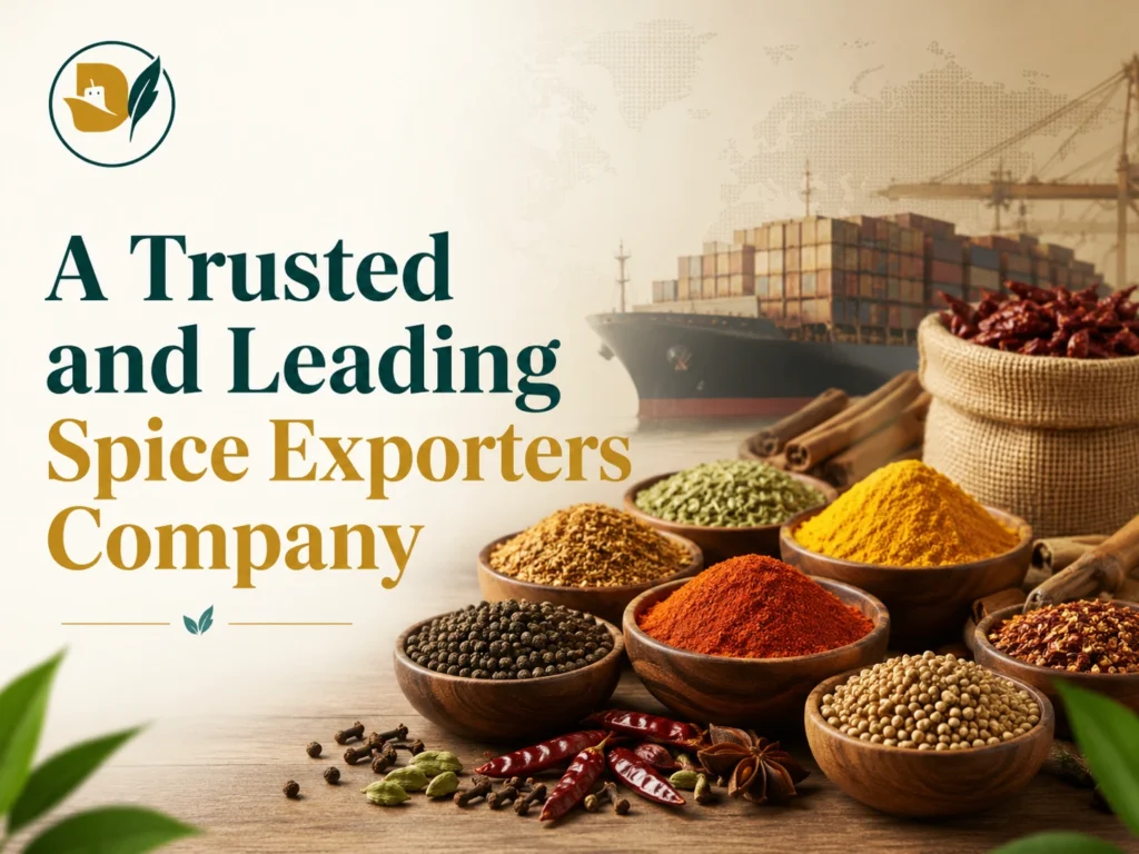 Delifro spice exporters banner with assorted whole and ground spices and cargo ship