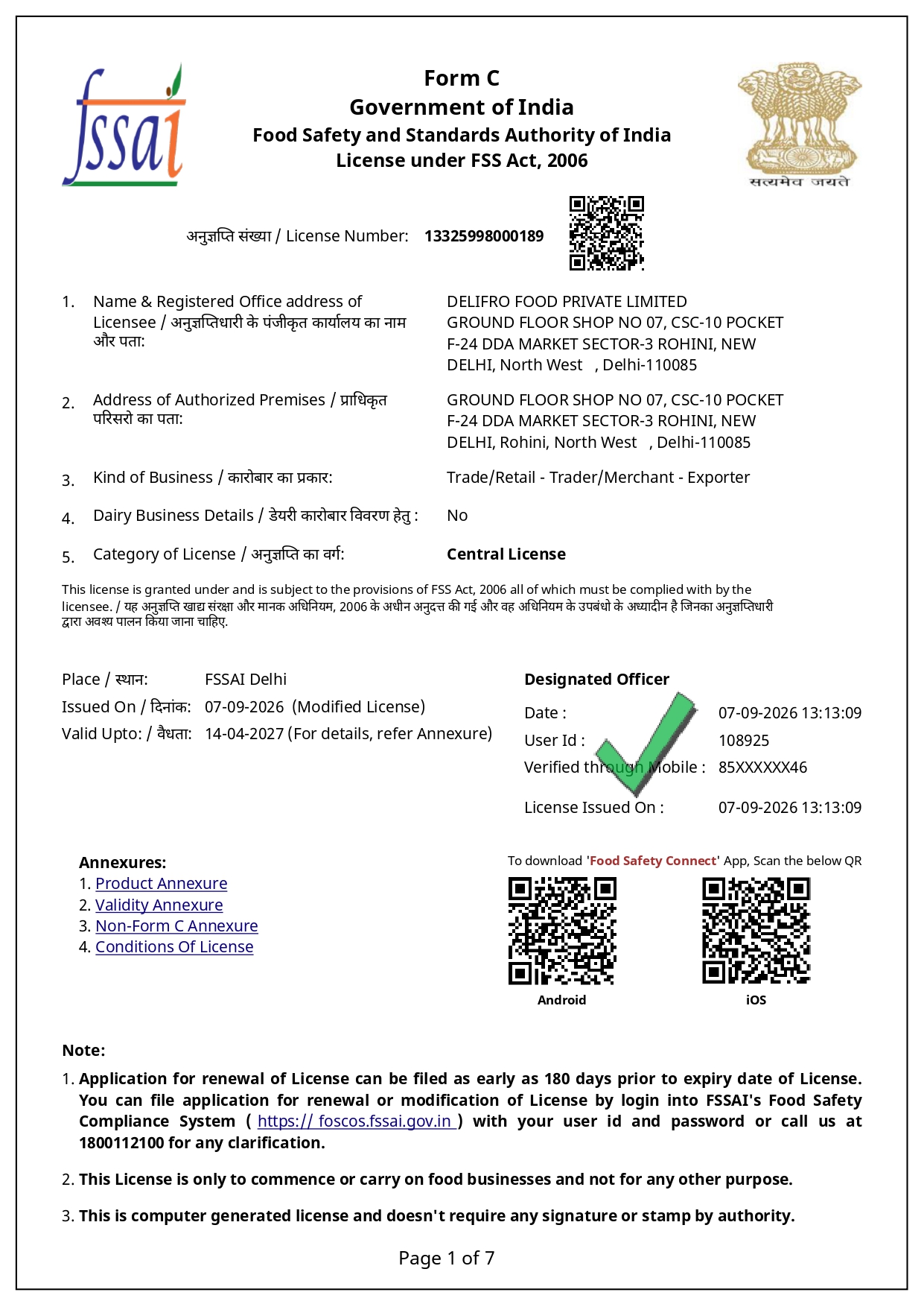 FSSAI Form C Central Licence number 13325998000189 issued to Delifro Food Private Limited, Rohini New Delhi, valid to 14 April 2027